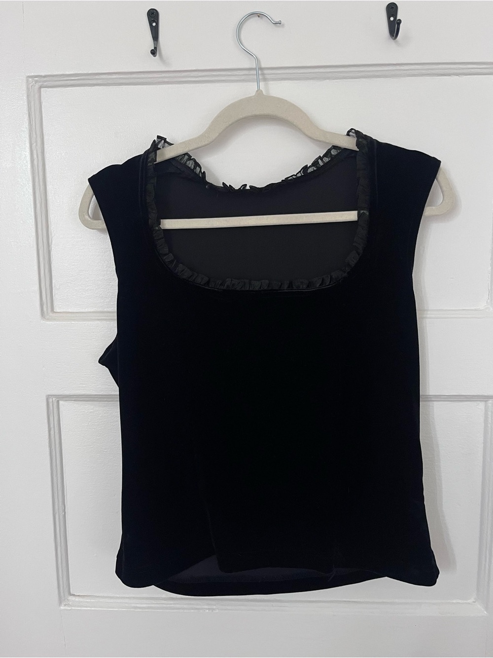 Black Velvet Ruffled Scoop Neck Women's Top